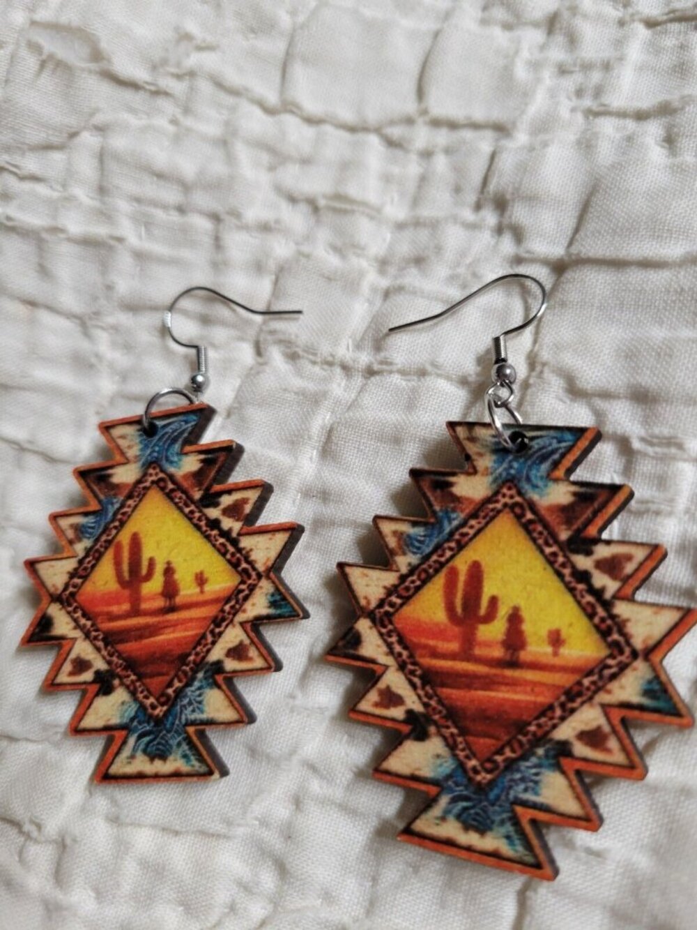 wooden geometric Aztec Southwestern desert earrings cactus sunset cowboy 1.5x1in